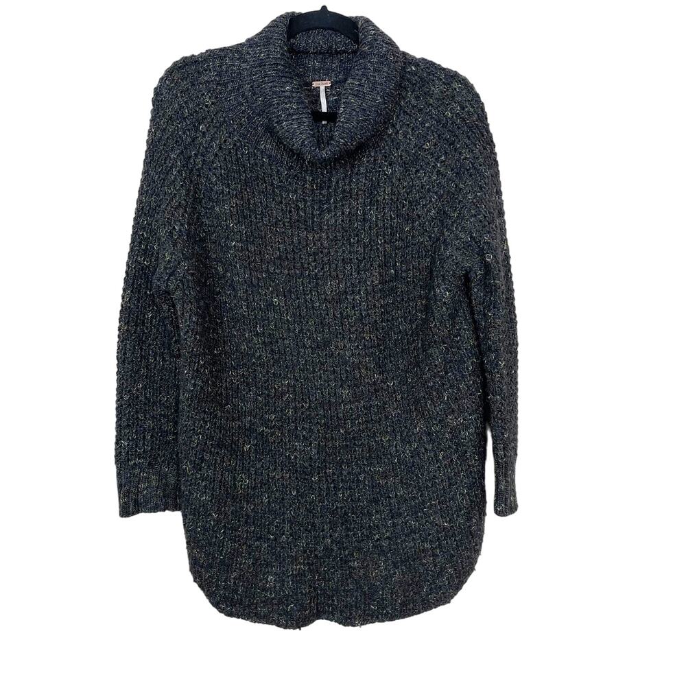 Free People XSmall Black Gray Marled Cowl Neck Sweater Tunic Length Wool Linen